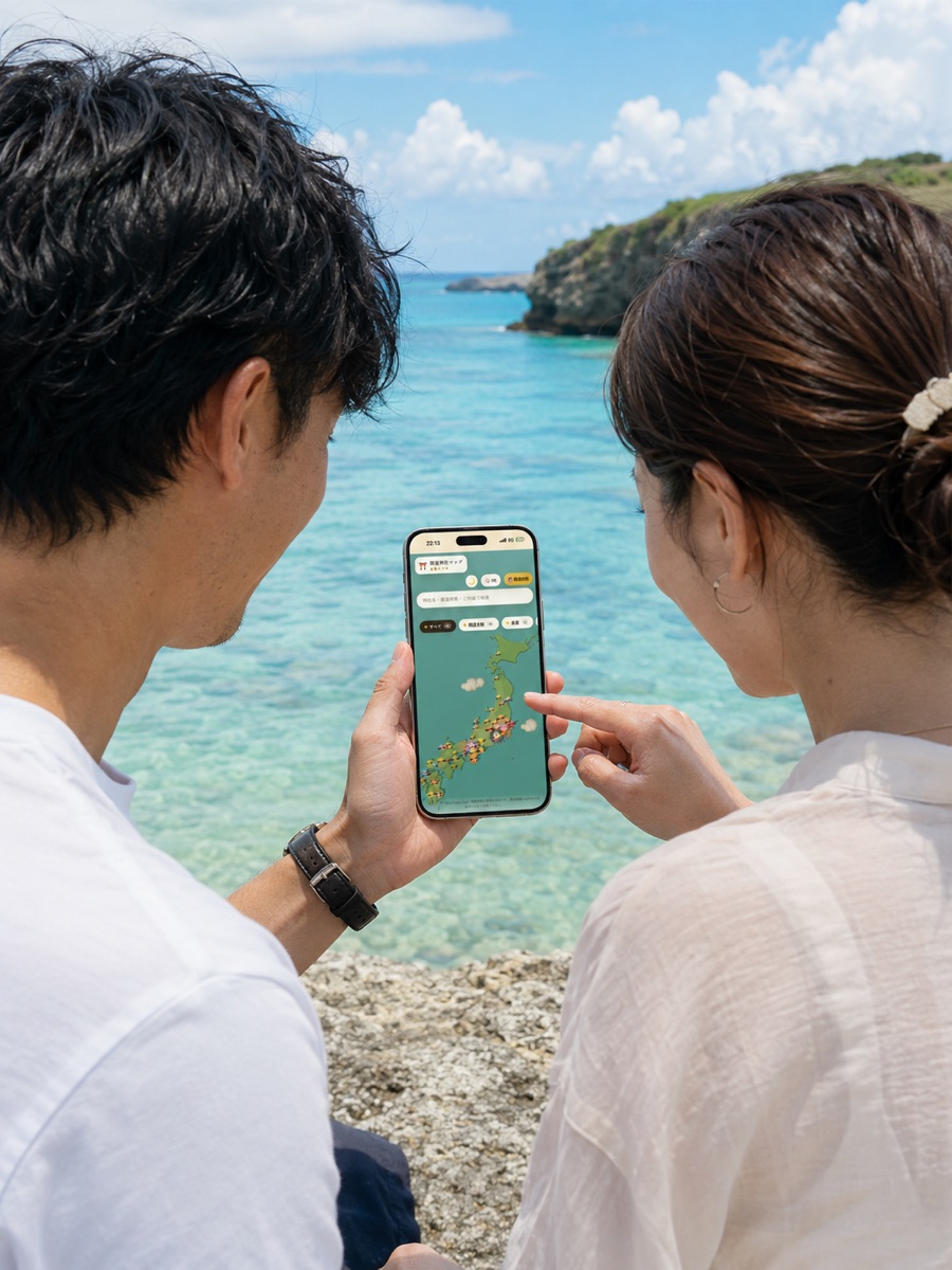 海辺でふたりが次の旅先を選ぶ