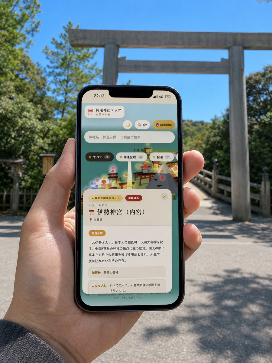 鳥居の前で神社の由緒を確認